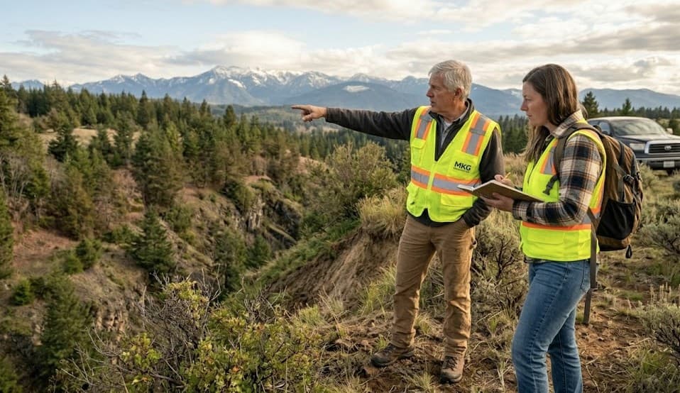 MKG Construction team conducting a feasibility assessment on Washington land