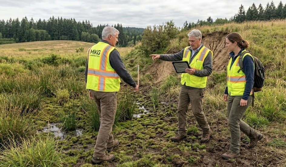 MKG Construction conducting a site feasibility walk on a challenging Washington parcel