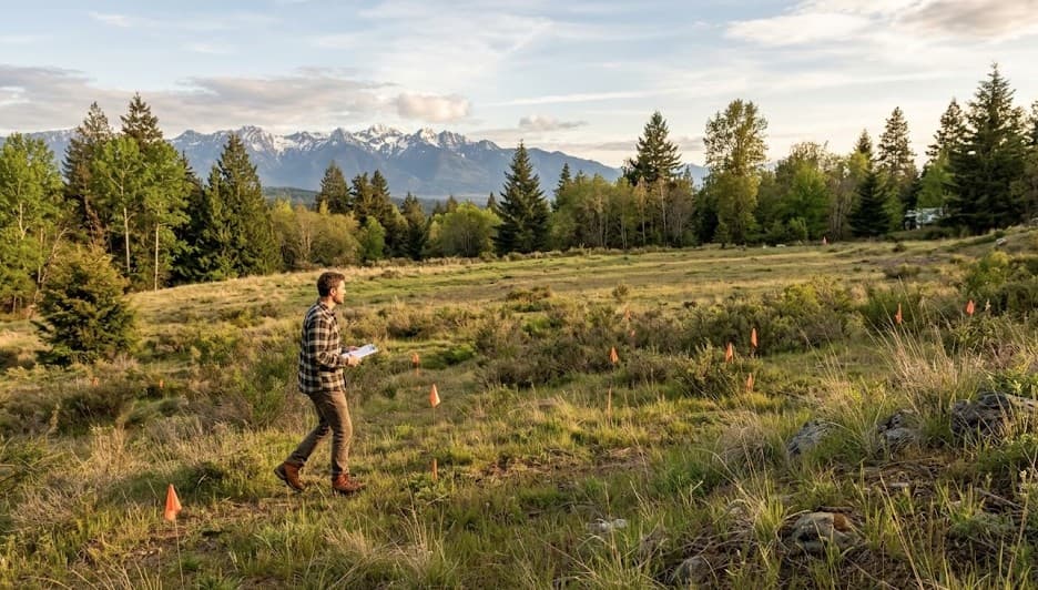 Prospective land buyer evaluating a vacant lot in Washington State with survey stakes