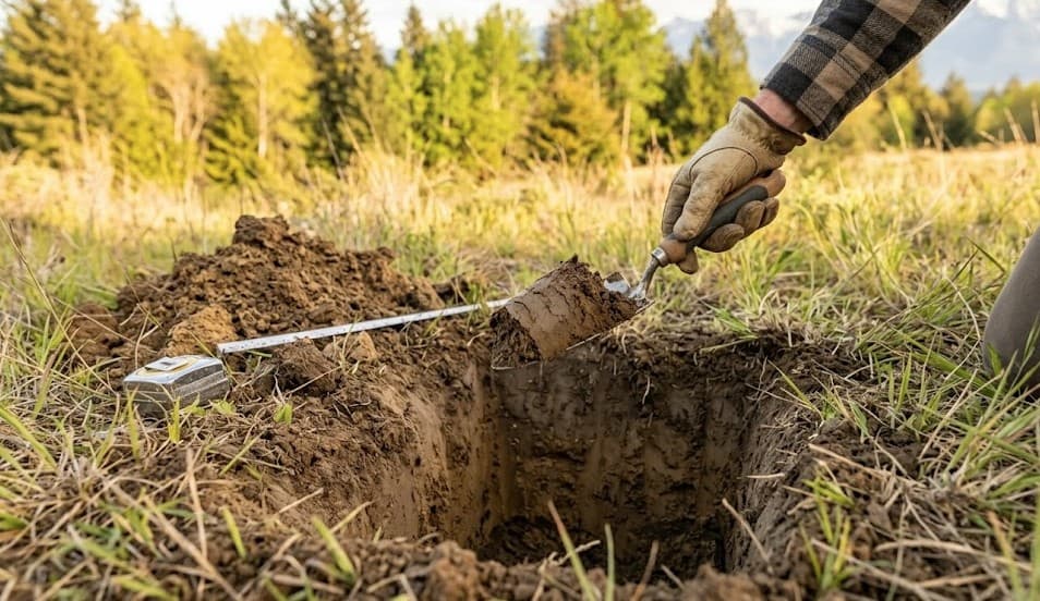 Perc test hole on rural Washington land for septic feasibility evaluation